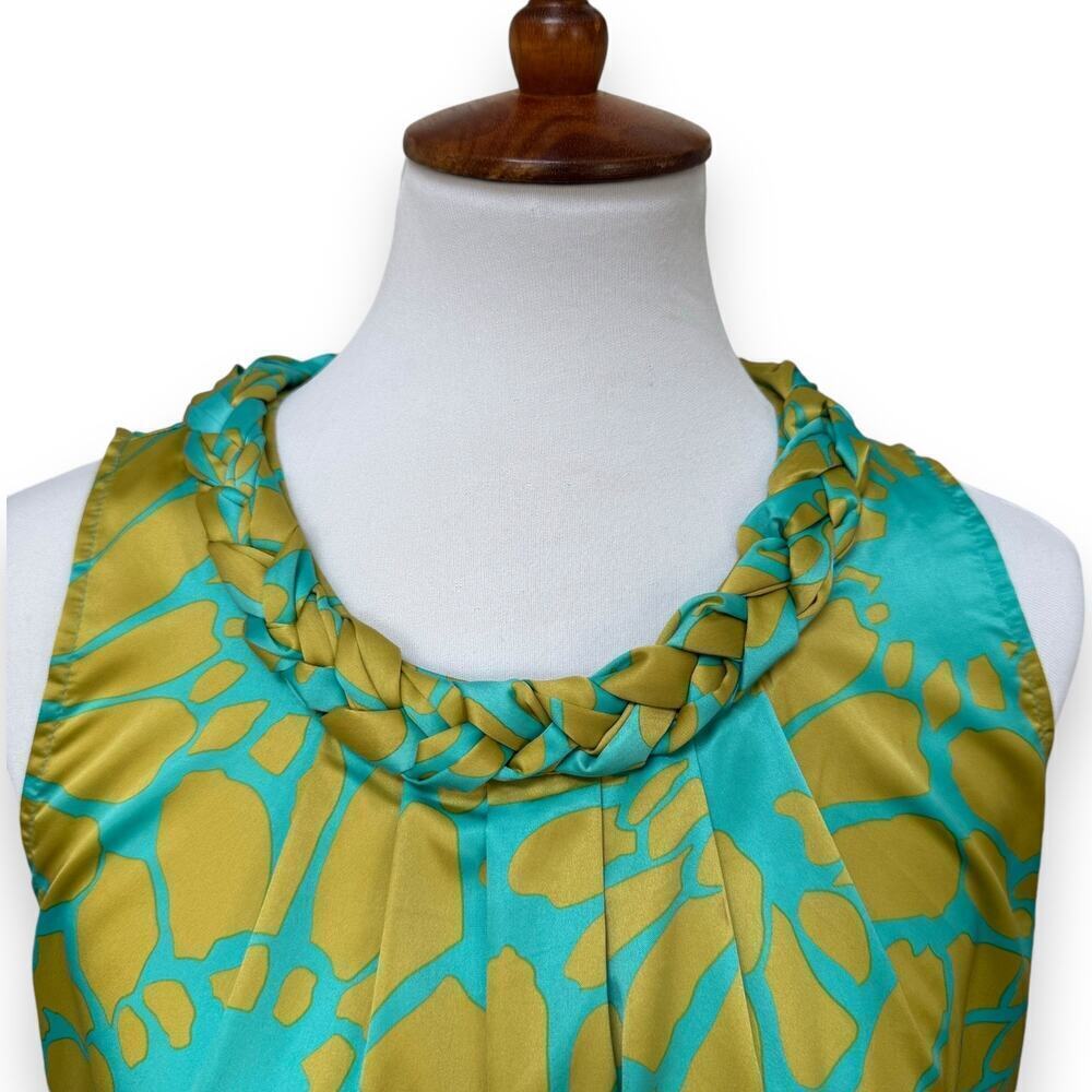 Tracy Negoshian Aqua Chartreuse Flower Satin Sleeveless Shift Dress Size MEDIUM - Picture 2 of 12